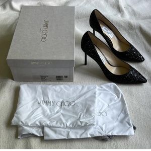Jimmy Choo Shoes Black Glitter Patent Leather Romy 85 Pumps Size 39.5 US 9.5
